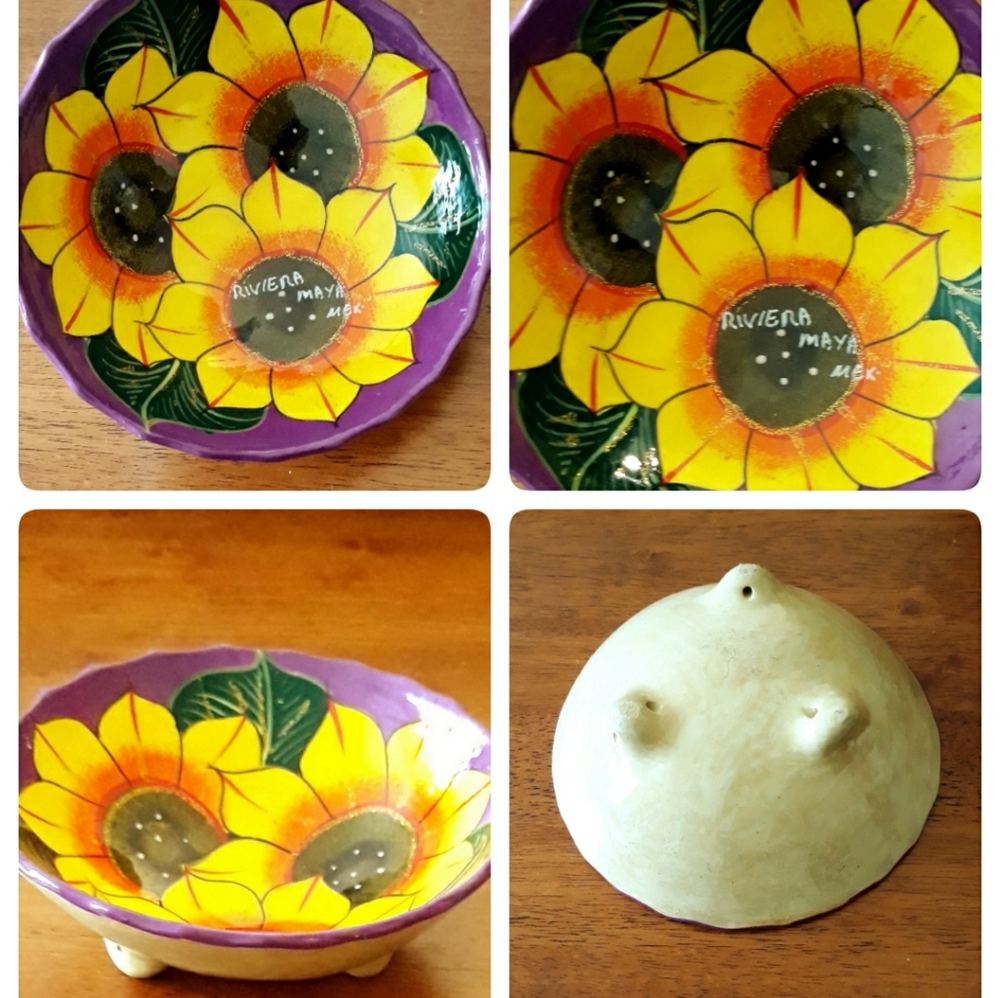 Handmade Mexican Sunflower Molcajete Footed Pottery Bowl - Folk Art